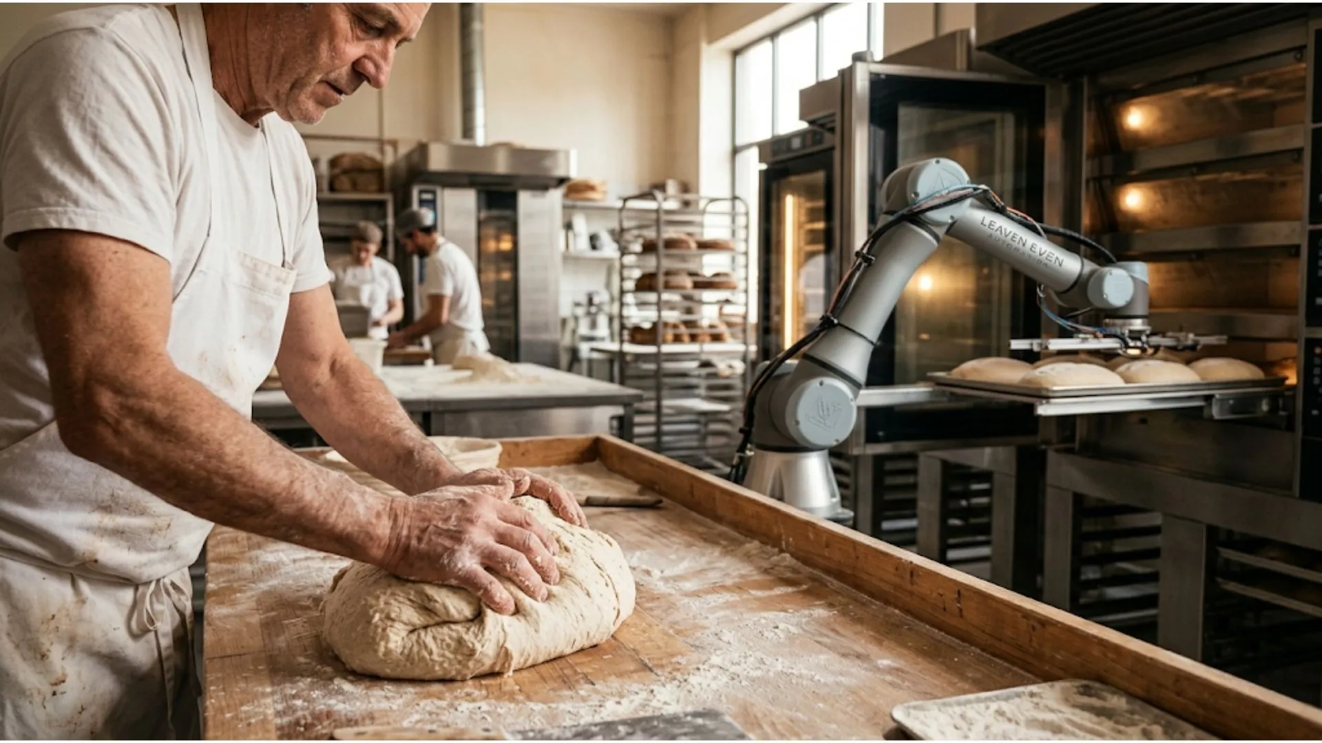Handwerksbäcker knetet Teig von Hand, während im Hintergrund ein Roboterarm Bleche aus dem Ofen zieht – Symbol für die Verbindung von Handwerk und Automatisierung