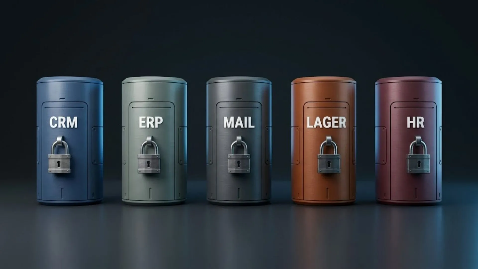 Fünf verschlossene Datensilos mit den Beschriftungen CRM, ERP, MAIL, LAGER und HR als Sinnbild für getrennte Unternehmenssysteme