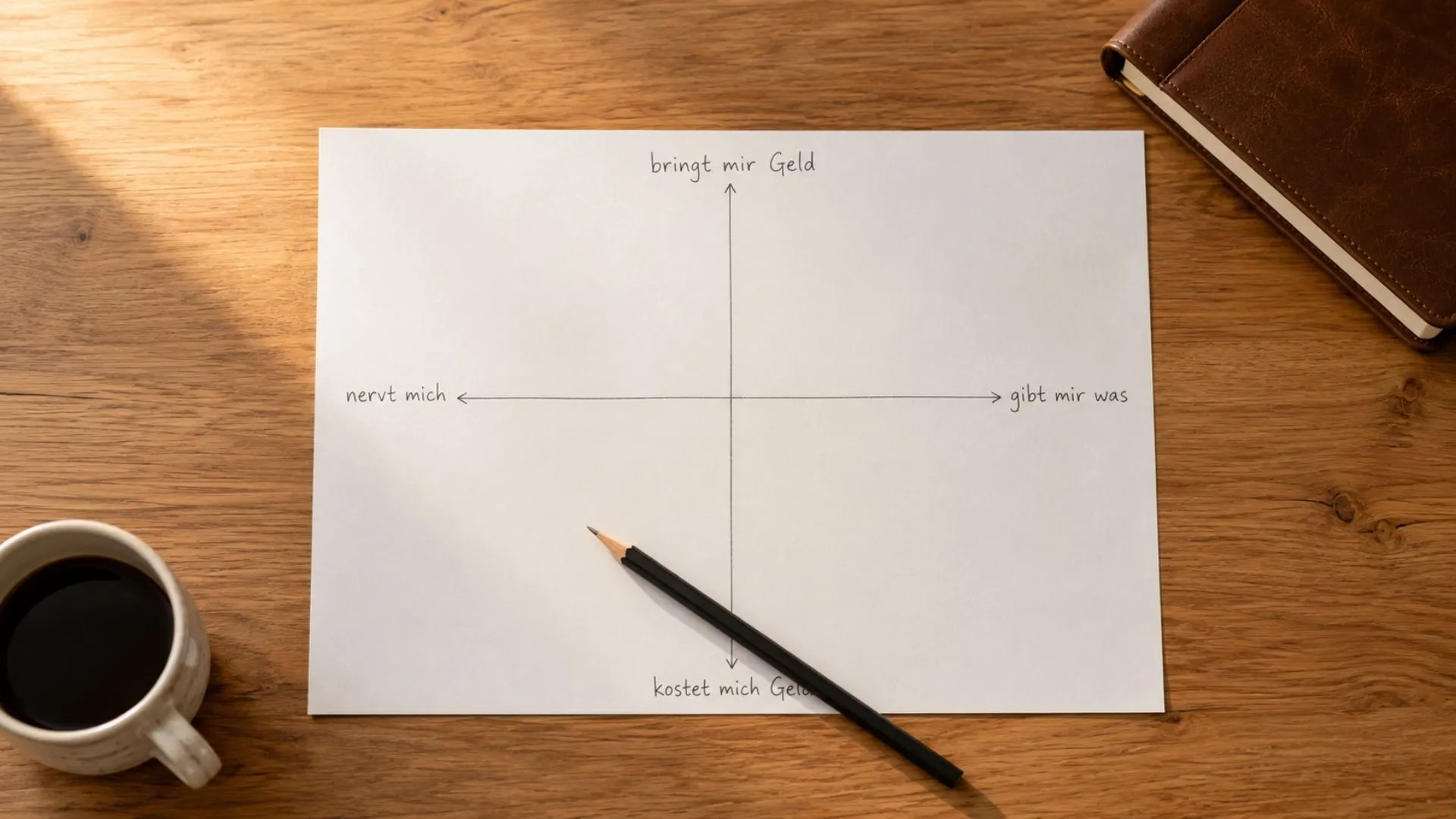Handgezeichneter Quadrant auf Papier mit Kaffeetasse und Stift: Achsen zeigen bringt mir Geld, kostet mich Geld, nervt mich und gibt mir was – ein Werkzeug für die ehrliche Zeitinventur
