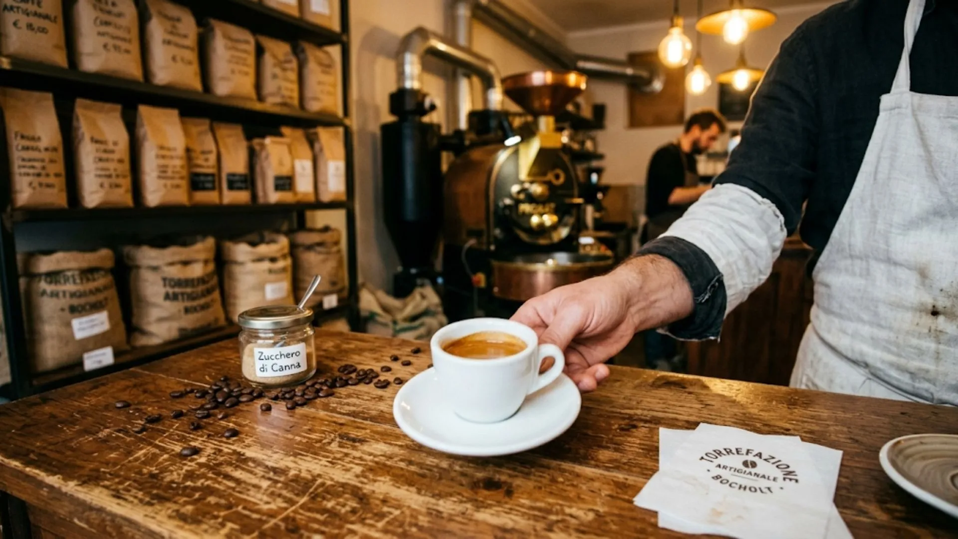 Frisch zubereiteter Espresso auf einer Holztheke in einer italienischen Rösterei mit Kaffeebohnen und Bohnentüten im Regal im Hintergrund