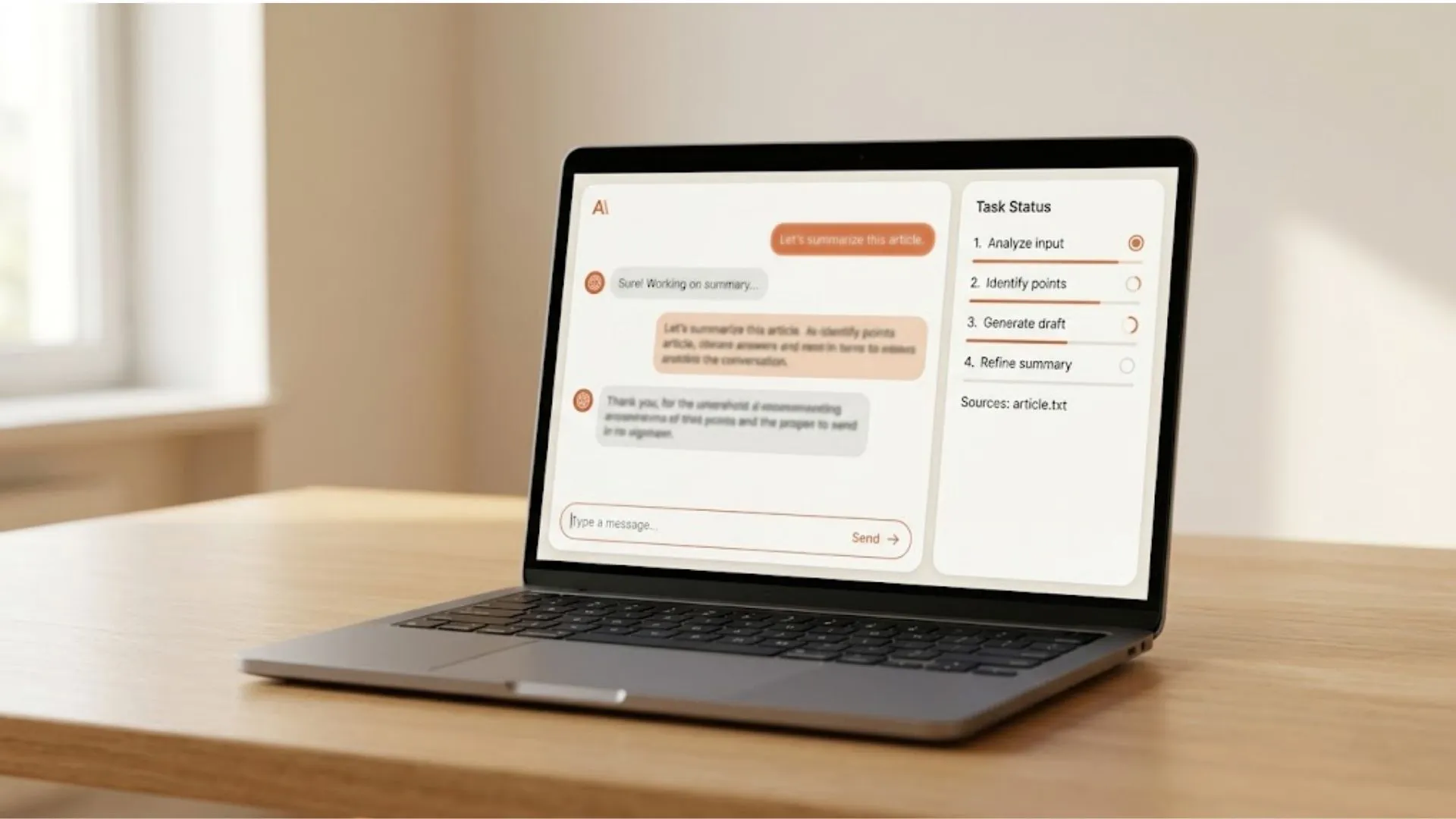 Laptop zeigt einen KI-Agenten, der eine Aufgabe anhand einer Status-Liste Schritt für Schritt abarbeitet