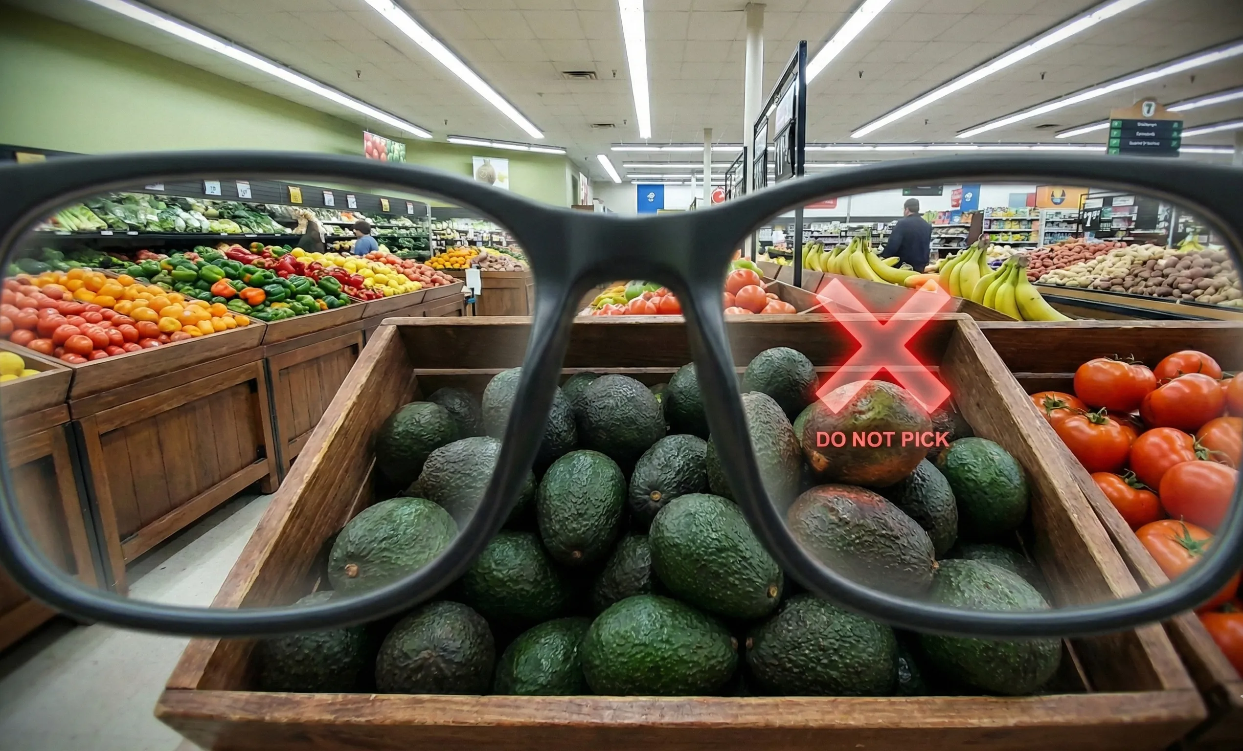 Eine KI Brille, die Dir dabei hilft im Supermarkt die richtigen Avocados auszusuchen. Die Brille zeigt dir per "x" an, dass eine aktuelle Brille nicht geeignet ist und Du sie nicht kaufen solltest. Wann ist Technologie zu viel?