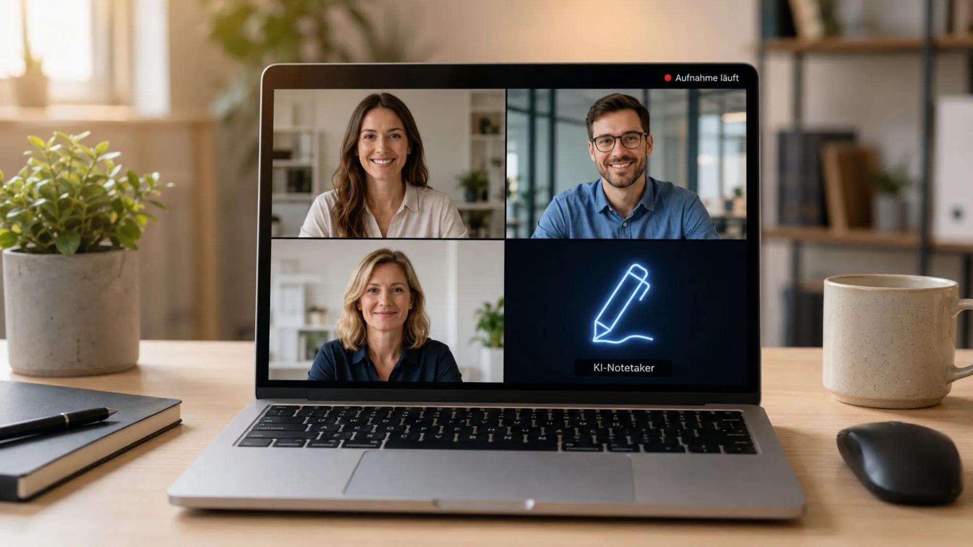 Laptop in einem Online-Meeting mit KI-Notetaker und dem Hinweis Aufnahme läuft auf dem Bildschirm