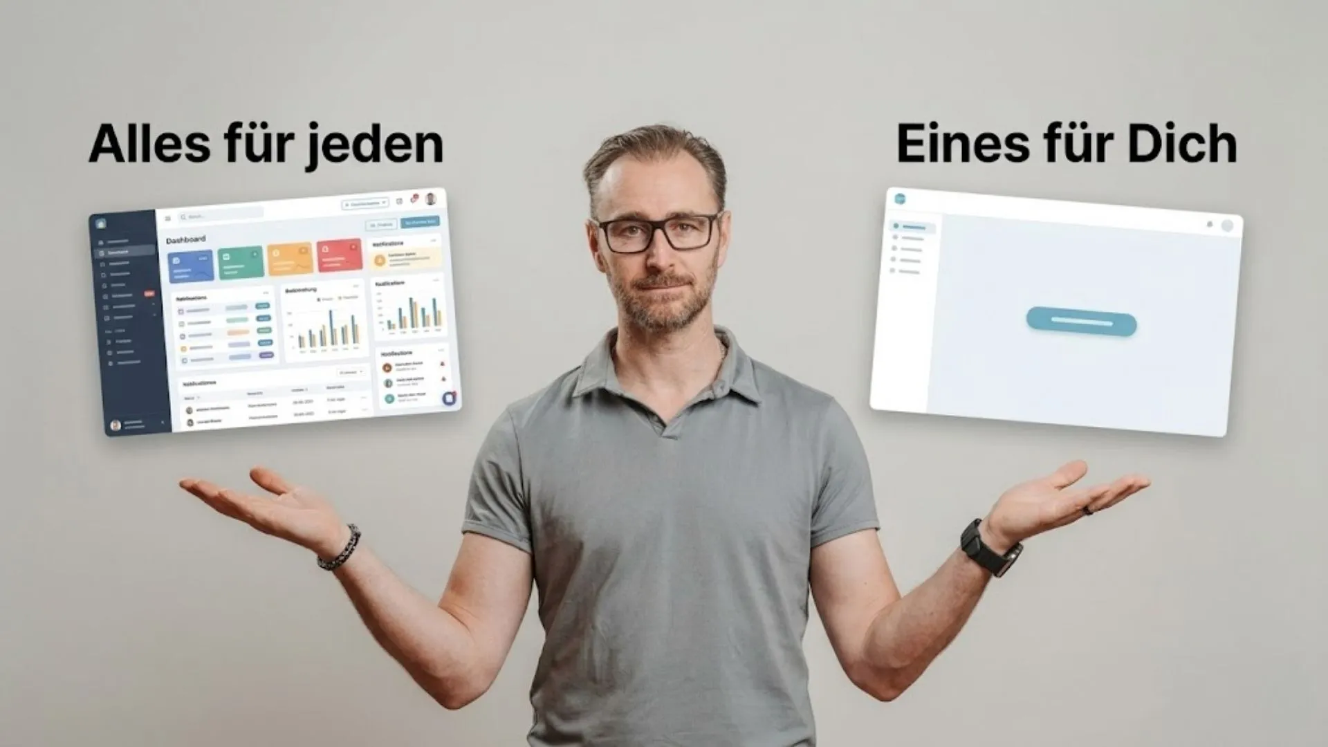 Patrick Lenz hält links ein komplexes Dashboard mit vielen Funktionen, rechts ein schlankes Werkzeug mit einer Funktion – Standardsoftware versus Personal Software