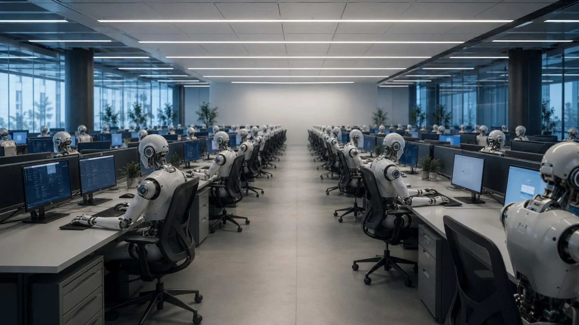 Großraumbüro voller humanoider Roboter, die an Computern arbeiten – Symbol für vollständig automatisierte Prozesse ohne menschliche Verantwortung