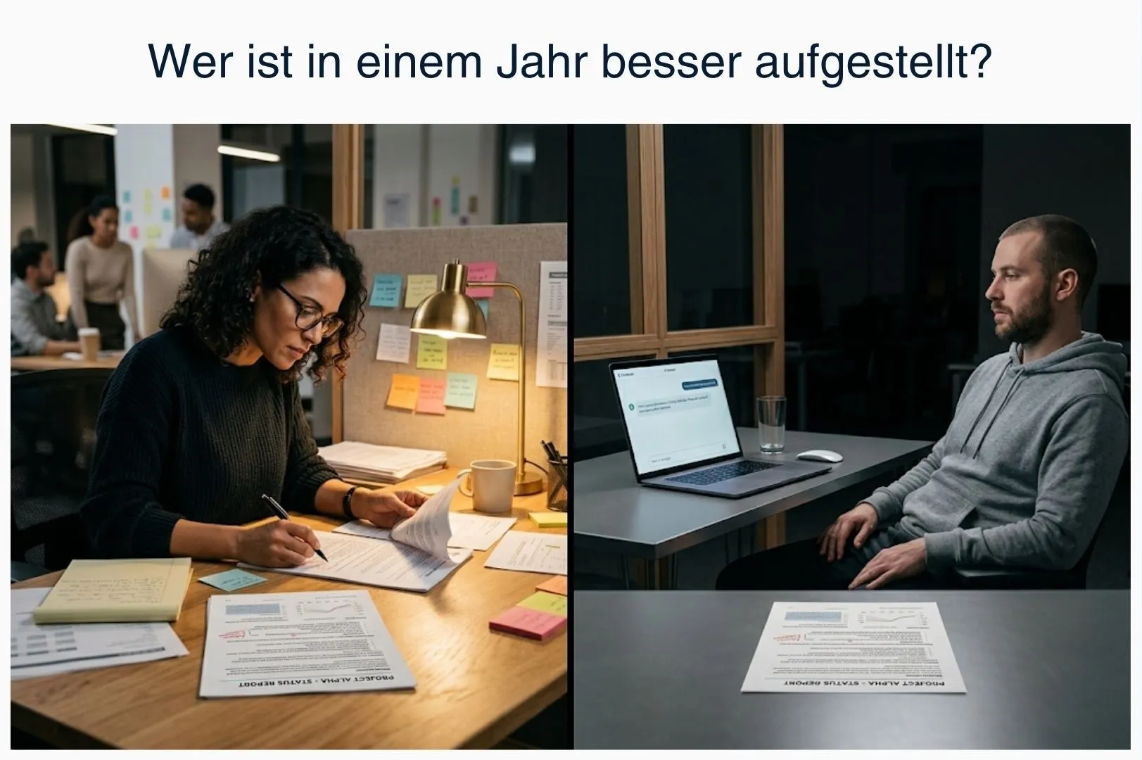 Shortcut - Recruiting wird durch KI verwässert. Worauf kommt es wirklich noch an? Links Neugierde und händisch. Rechts stumpfe KI Arbeit.