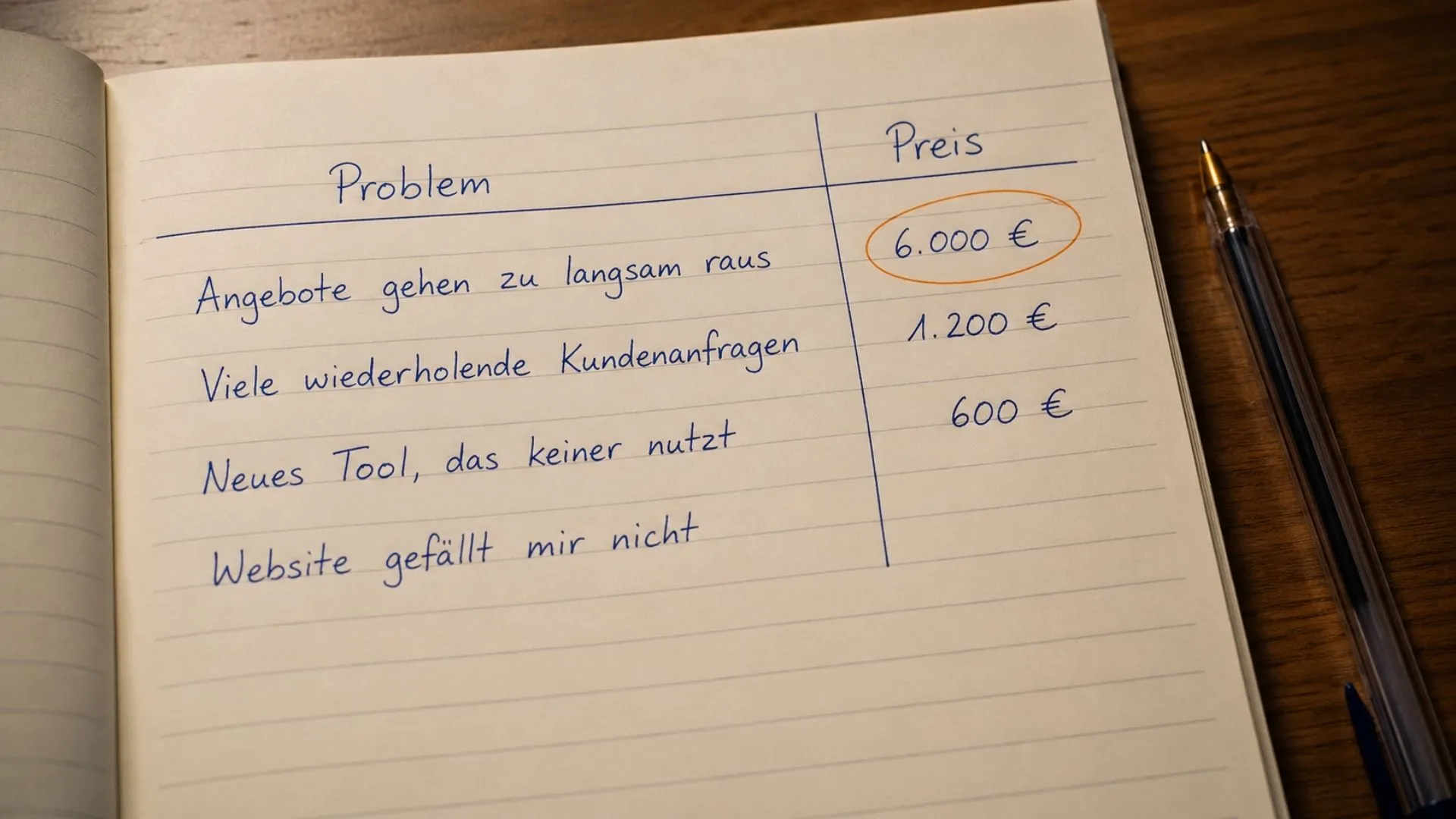 Handgeschriebene Prioritaeten-Liste im Notizblock, ein Betrag orange eingekreist
