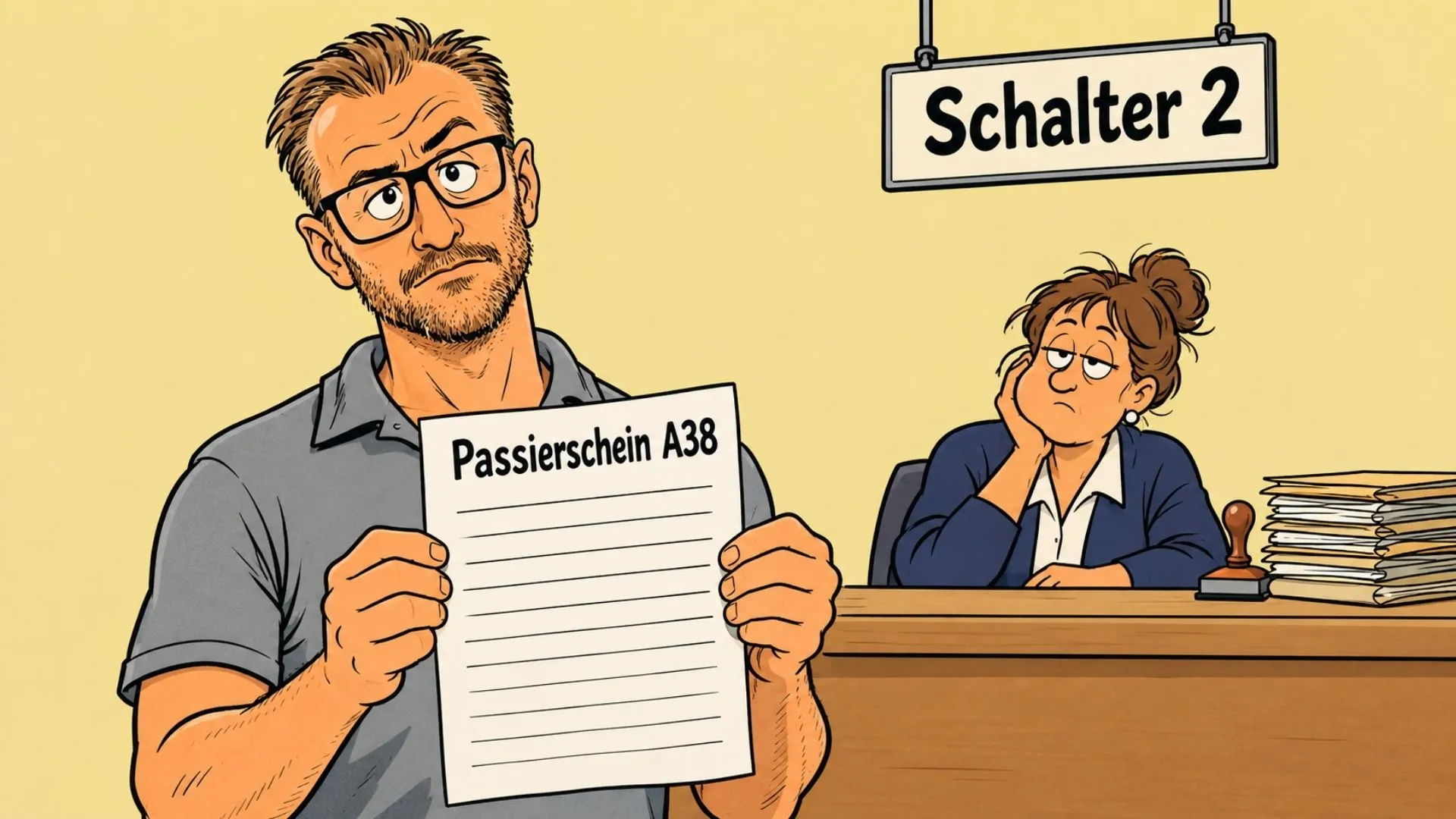 Patrick als Comicfigur am Amtsschalter mit dem Passierschein A38