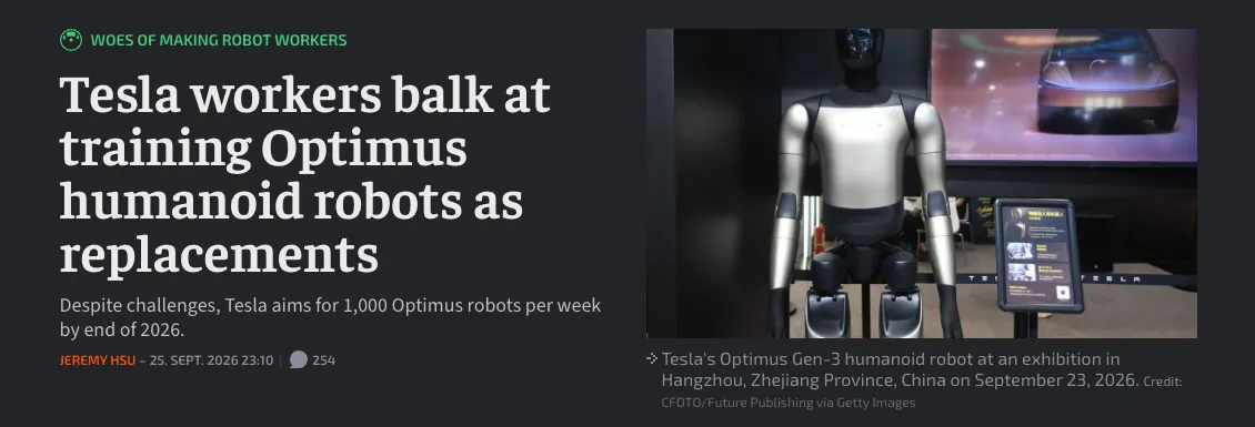 Schlagzeile bei Ars Technica: Tesla workers balk at training Optimus humanoid robots as replacements