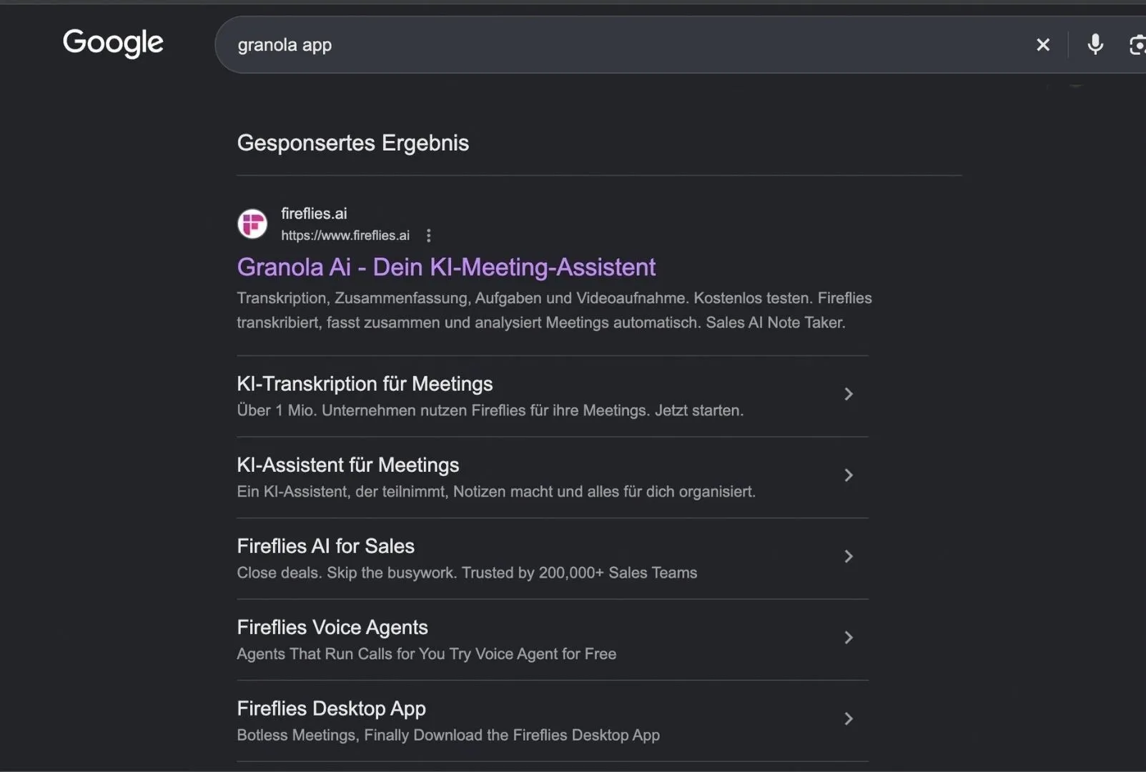 Google-Anzeige: Wer nach Granola sucht, bekommt eine Anzeige von Fireflies
