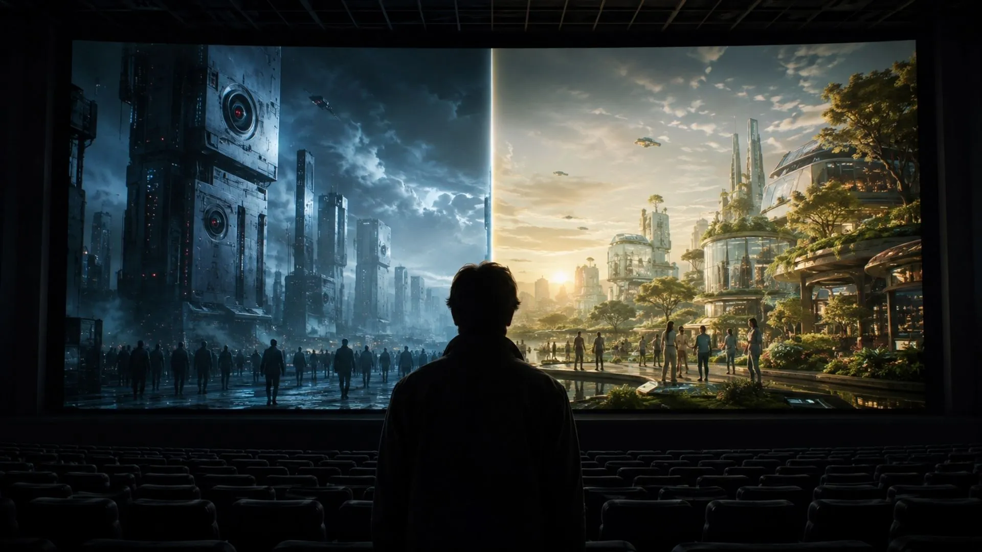 Person von hinten in einem Kino, blickt auf eine Leinwand, die links eine düstere und rechts eine friedliche KI-Zukunft zeigt