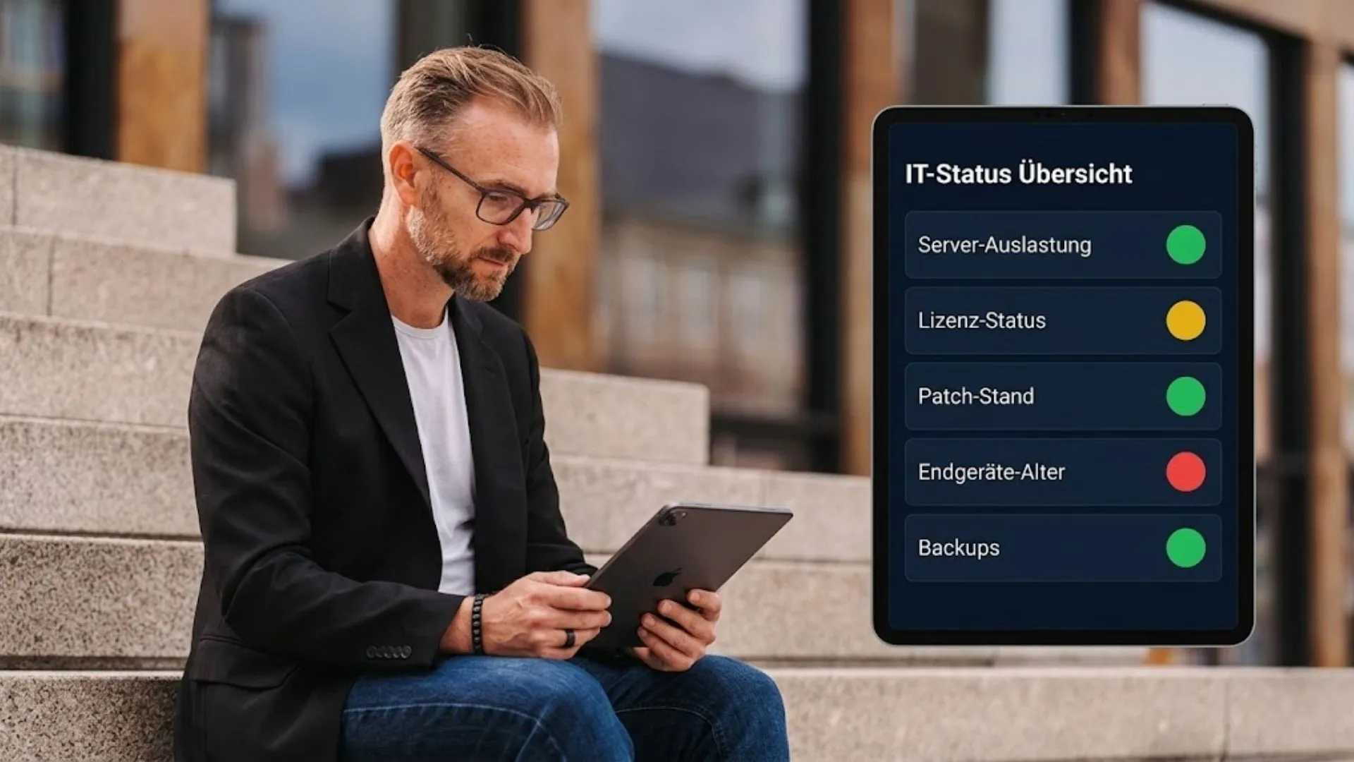 Patrick Lenz mit Tablet zeigt IT-Status-Ampelsystem mit Server-Auslastung, Lizenz-Status, Patch-Stand, Endgeräte-Alter und Backups in grün, gelb und rot
