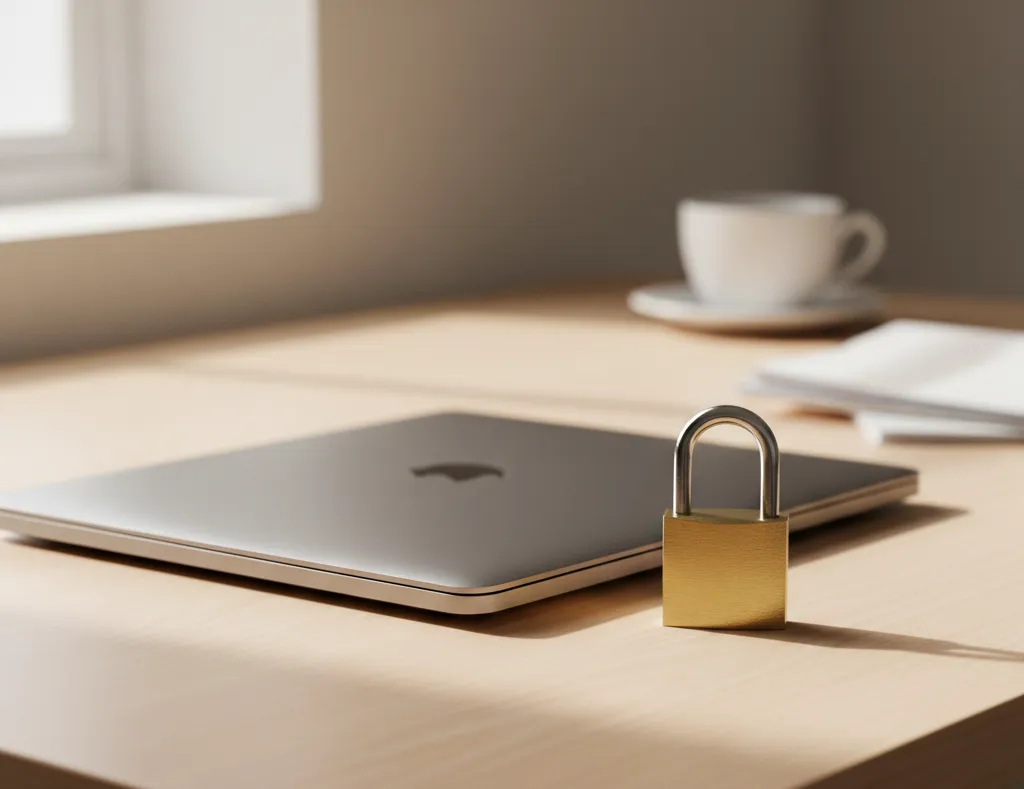Ein verschlüsselter Laptop, der den Standards der Unternehmensrichtlinien für Cybersicherheit befolgt.