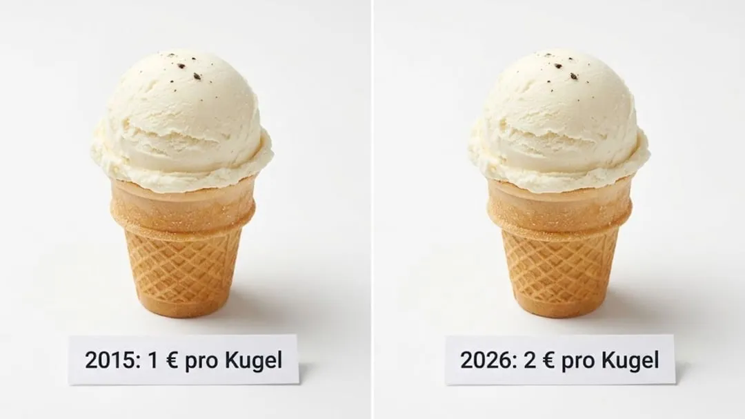 Zwei gleich große Eiswaffeln nebeneinander, davor Preisschilder mit 2015: 1 Euro pro Kugel und 2026: 2 Euro pro Kugel