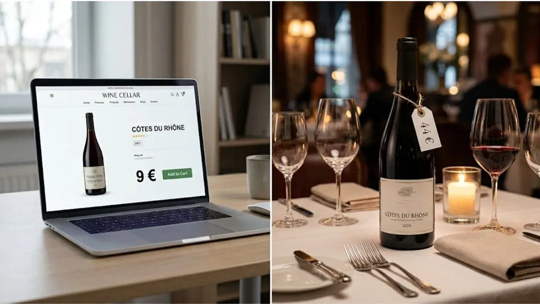 Dieselbe Flasche Wein für 9 Euro im Online-Shop und für 44 Euro auf einem gedeckten Restauranttisch