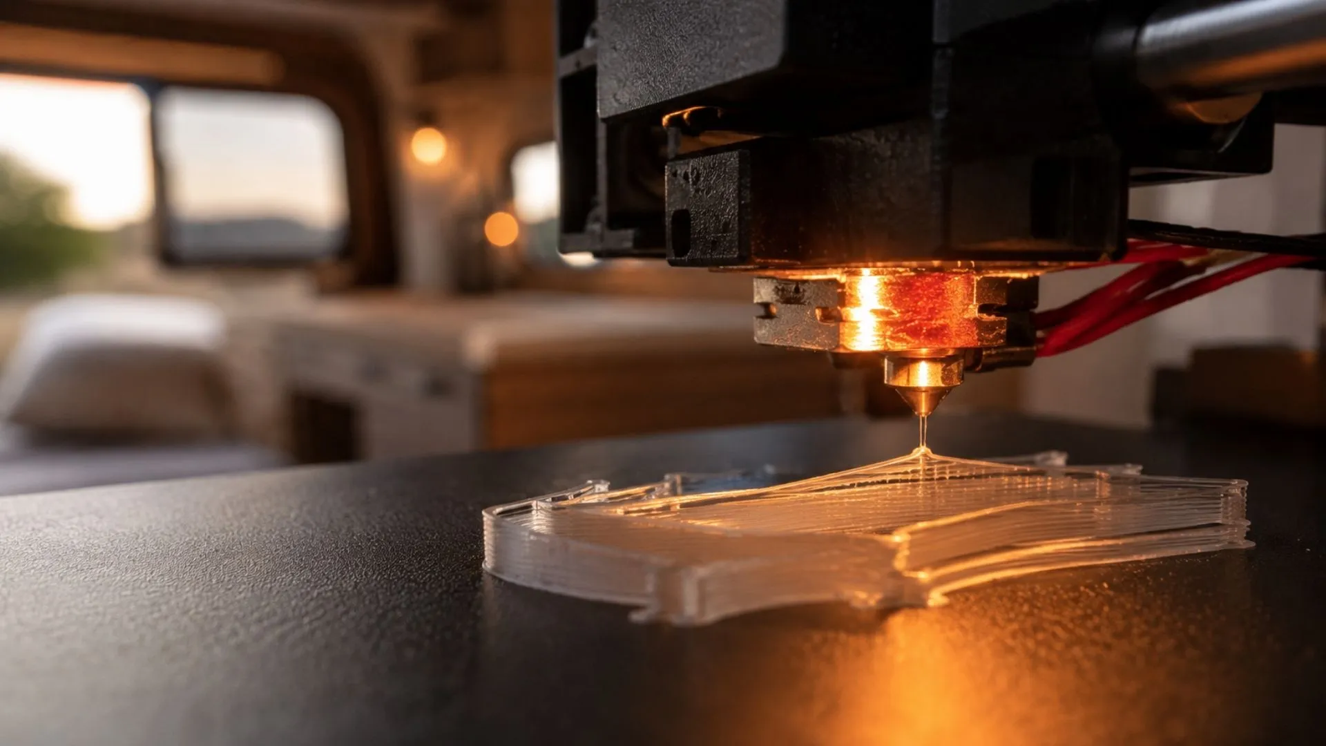 Ein 3D-Drucker im Druckvorgang, Fokus auf Düse und Prozess