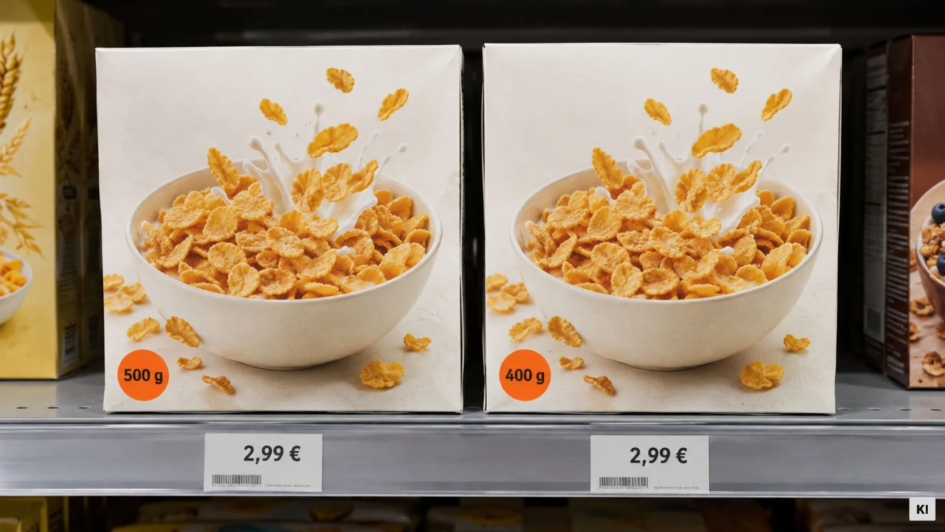 Supermarktregal mit Packungen, bei denen der Inhalt kleiner wird und der Preis bleibt