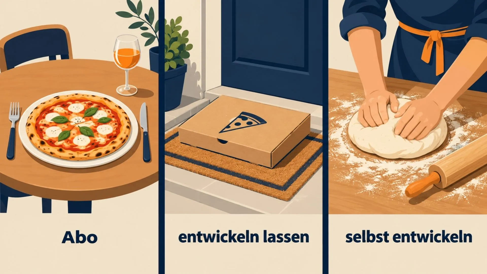 Drei Pizzen für drei Wege: Abo, entwickeln lassen, selbst entwickeln