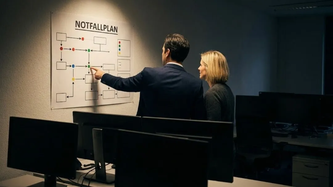 Zwei Menschen stehen im Büro vor einem Poster mit der Überschrift Notfallplan und zeigen auf ein Ablaufdiagramm darauf