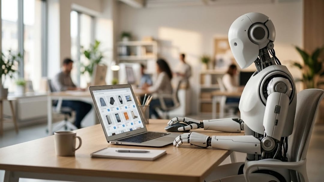 Humanoider KI-Roboter sitzt an einem Laptop in einem Büro und bedient einen Onlineshop