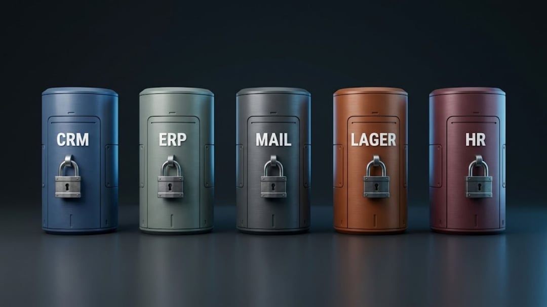 Fünf verschlossene Datensilos mit den Beschriftungen CRM, ERP, MAIL, LAGER und HR als Sinnbild für getrennte Unternehmenssysteme