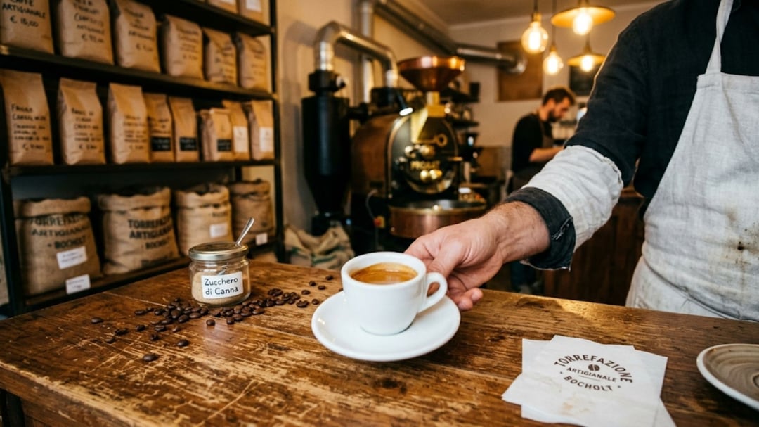 Frisch zubereiteter Espresso auf einer Holztheke in einer italienischen Rösterei mit Kaffeebohnen und Bohnentüten im Regal im Hintergrund