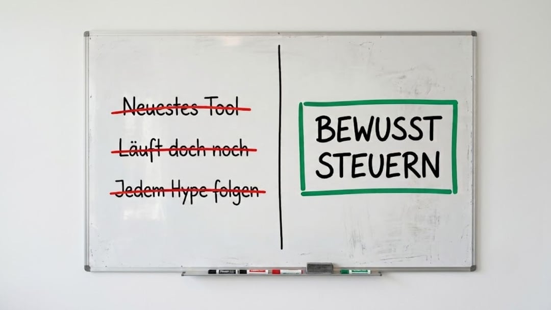 Whiteboard mit den durchgestrichenen Begriffen Neuestes Tool, Läuft doch noch und Jedem Hype folgen, daneben grün umrahmt Bewusst steuern